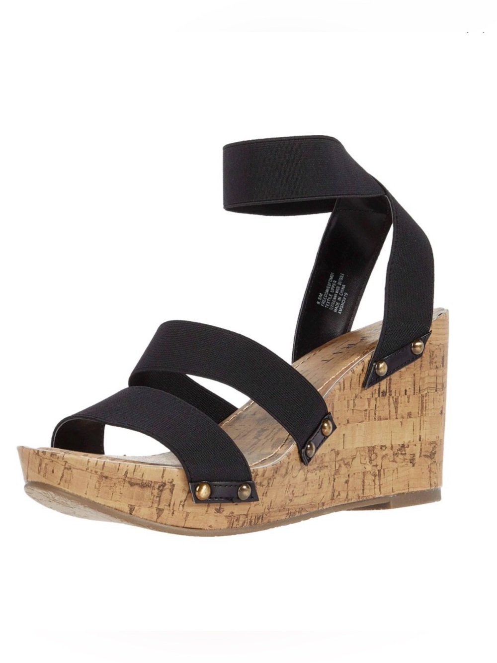 Esprit Black Elastic-Strap Cork Wedge Sandals with Ankle Wrap